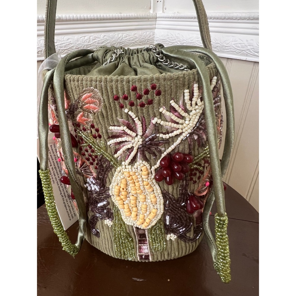 Handmade Beaded Corduroy Floral Bucket Bag Olive Green Drawstring India New - Picture 4 of 10